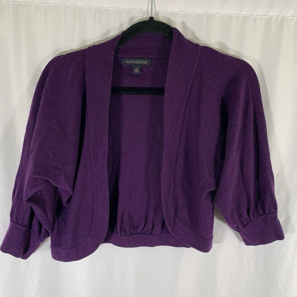 Banana Republic Luxury Cashmere Blend Cardigan Women XS Purple Open Front 3/4 Sl
